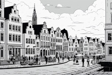 Black And White Illustration Of A Scandinavian Cityscape. Crowded City And Pedestrians, Cityscape, Concept Of Life In A European City. Cartoon Comic Style Drawing.