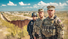 Texas National Guard. Portrait of a border patrol agent, a Texas traffic patrol officer and a police officer standing against a border