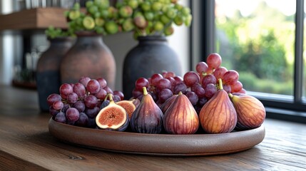 Wall Mural -  a plate of figs, grapes, and figs on a table in front of a window with a vase of grapes and a fig tree in the background.