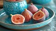  a close up of a plate of figs on a table with a bowl of figs in the background and a bowl of other figs in the background.