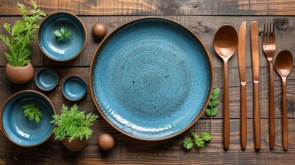 Wall Mural -  a close up of a plate with spoons and utensils on a wooden table with a knife, fork, spoons, and two cups and spoons.