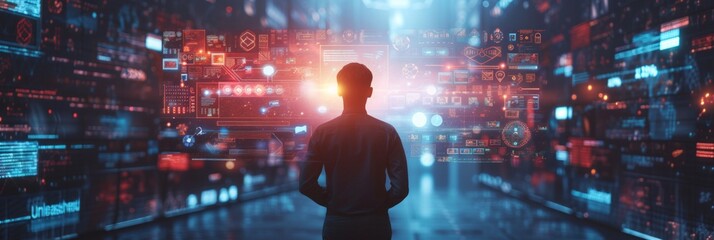 A businessman collaborates with AI algorithms, fostering innovation in a high-tech environment to stay ahead