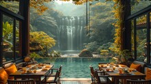  A Restaurant With A Waterfall In The Background And A Pool In The Middle Of The Room To The Right Of The Table Is A Dining Set Table With Place For Four.