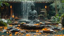 A Buddha Statue Sitting In The Middle Of A Pond Filled With Orange Flowers And Water Falling From A Waterfall Into A Pool Of Water With A Waterfall In The Background.