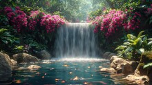  A Painting Of A Waterfall In The Middle Of A Pond With Koi Fish Swimming In The Water And Pink Flowers On The Side Of The Falls In The Water.