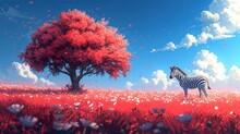  A Zebra Standing In The Middle Of A Field With A Tree In The Foreground And A Blue Sky With White Clouds And Pink And Red Flowers In The Background.