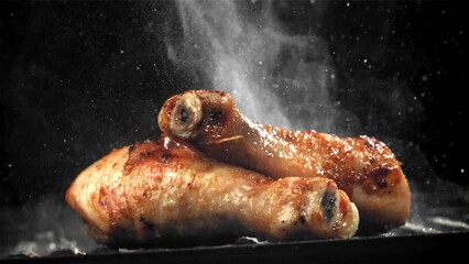 Poster - Chicken legs are fried in a pan. Filmed on a high-speed camera at 1000 fps. High quality FullHD footage