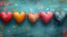  A Row Of Painted Hearts Sitting Next To Each Other On Top Of A Blue Surface With Yellow, Red, And Green Paint Splats On The Sides Of Them.