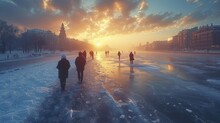  A Group Of People Walking On A Frozen Lake At Sunset Or Sunrise With The Sun Peeking Through The Clouds And The Water Reflecting The Sun's Reflection In The Water.