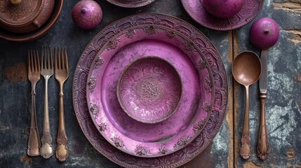 Wall Mural -  a close up of a plate with utensils and a bowl on a table with other utensils and a bowl with a fruit on top of it.