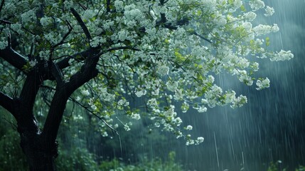 Sticker - A tree with white flowers in the rain