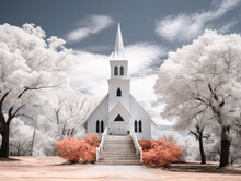 A White Church With Trees In Front Of It