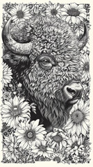 Wall Mural - A drawing of a buffalo surrounded by sunflowers