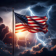 USA flag on a flagpole develops against a background of a stormy sky with lightning bokeh. ai generative