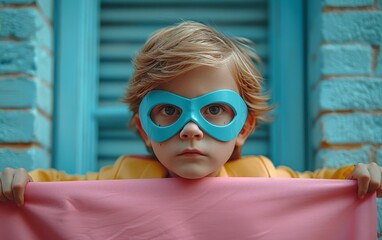 Wall Mural - A curious toddler dons a blue mask, resembling goggles and sunglasses, hiding their innocent human face