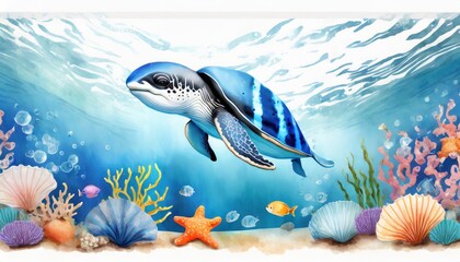 Wall Mural - birthday card and baby shower invitation under the sea theme background template blue watercolor ocean fish turtle whale and coral shell aquarium nautical dolphin marine illustration jellyfish