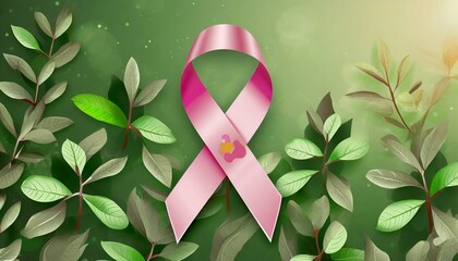 Wall Mural - cancer awareness ribbon with leaves decoration background