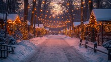  A Road Covered In Snow Next To A Forest With Christmas Lights Hanging From It's Trees And Lights Strung From The Trees Overhanges Over The Road Are Snow Covered With Snow.