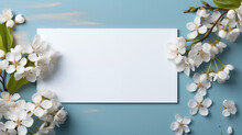Retro Elegant Social Gathering Paper Card Mock Up. Cherry Blossom Flowers Blank Invitation Mockup With Blank Space. Festive Spring Concept Composition Top View, Border Picture