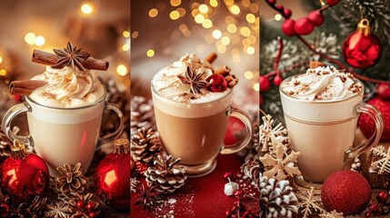  two mugs of hot chocolate with whipped cream, cinnamon and star anise on a table with christmas decorations and baubles on a red background with lights.