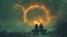  A Couple Of People Sitting On A Bench In Front Of A Large Black Hole With A Ring Of Fire In The Middle Of The Sky Over A Body Of Water.