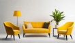 collection of yellow modern furniture items including a sofa chair planter table lamp isolated on a background for interior design