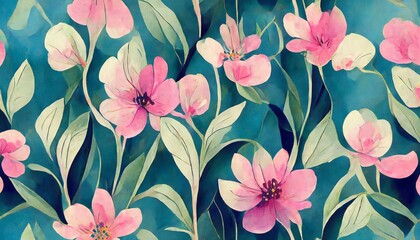 Wall Mural - seamless floral pattern with abstract blue pink flowers and leaves watercolor colorful print in rustic vintage style textile or wallpapers background