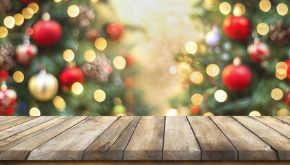 Sticker - empty wooden table over defocused christmas background with copy space