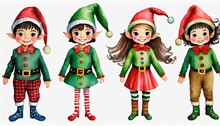 Collection Of Cute Cartoon Christmas Elves Smiling Little Boys And Girls In Holiday Costumes Watercolor Isolated Clipart 