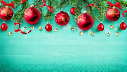 Wall Mural - christmas frame with classic decorations fir branches red balls jingle bells on turquoise background