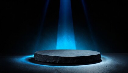 Wall Mural - black stone platform podium with blue color light on black background for product display presentation and advertising copy space