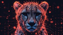  A Close Up Of A Cheetah's Face On A Black Background With Red And Blue Circles Around It And A Black Background With Orange And Red Dots.