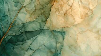 Wall Mural - Generative AI, Abstract watercolor green leaf veins. Drawn poster design with green, brown and beige colors.