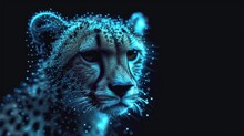  A Close Up Of A Cheetah's Face On A Black Background With Blue And White Dots In The Foreground And A Blurry Image Of The Cheetah Of The Cheetah's Head.