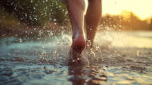 Close Up Photo Of A Man's Feet Stepping On Water, Water Splashing, Short Exposure, Shallow Depth Of Field