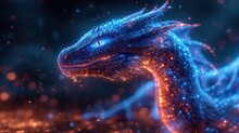  A Close Up Of A Blue And Orange Dragon On A Black And Blue Background With Small Dots Of Light Coming Out Of It's Eyes And The Top Part Of It's Head.