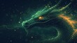 a computer generated image of a creature with glowing eyes and a long tail, in the middle of a dark green space with yellow stars and yellow dust around it.