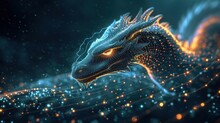  A Digital Painting Of A Dragon's Head On A Dark Blue Background With Yellow And Orange Lights In The Foreground And A Black Background With Blue And Gold Dots.