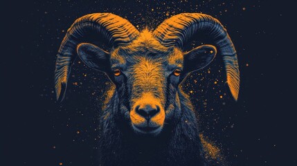 Wall Mural -  a close up of a goat's head with yellow and blue paint splatters on the goat's fur and horns, against a dark background of yellow and black.