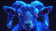  A Close Up Of A Blue Sheep's Head With A Lot Of Sparkles On It's Face And It's Head Is Looking At The Camera.