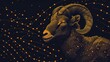  a painting of a ram's head on a black background with a lot of dots in the shape of lines and dots in the shape of the ram's head.