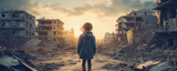 Fototapeta  - Lonely child standing in a destroyed city during the war. Concept of a humanitarian and demographic catastrophe.