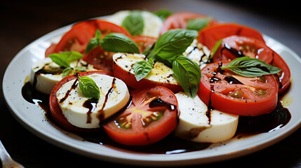 Wall Mural - Italian caprese salad with sliced tomatoes, mozzarella cheese, basil, olive oil.