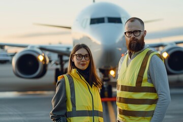 Airport workers in vest standing in airfield with airplane on background