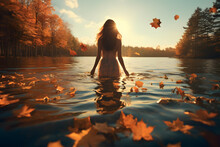 A Woman Standing In Water With Leaves Falling