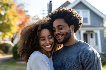 Middle-aged couple stands in front of house, real estate property