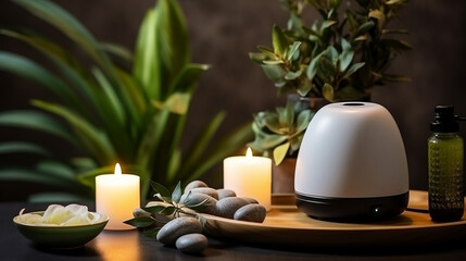 Wall Mural - Spa, aromatherapy and candles on table for zen, calm and peace to relax for health and wellness.