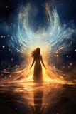 Fototapeta Kosmos - silhouette of beautiful fantasy angel woman in heaven and on star night background