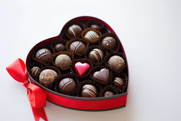 Wall Mural - heart-shaped box of chocolates with a red bow, on a white background