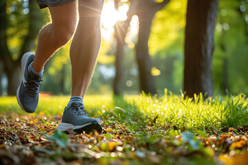 Wall Mural - Sportsman running in the park, male legs with sport shoes